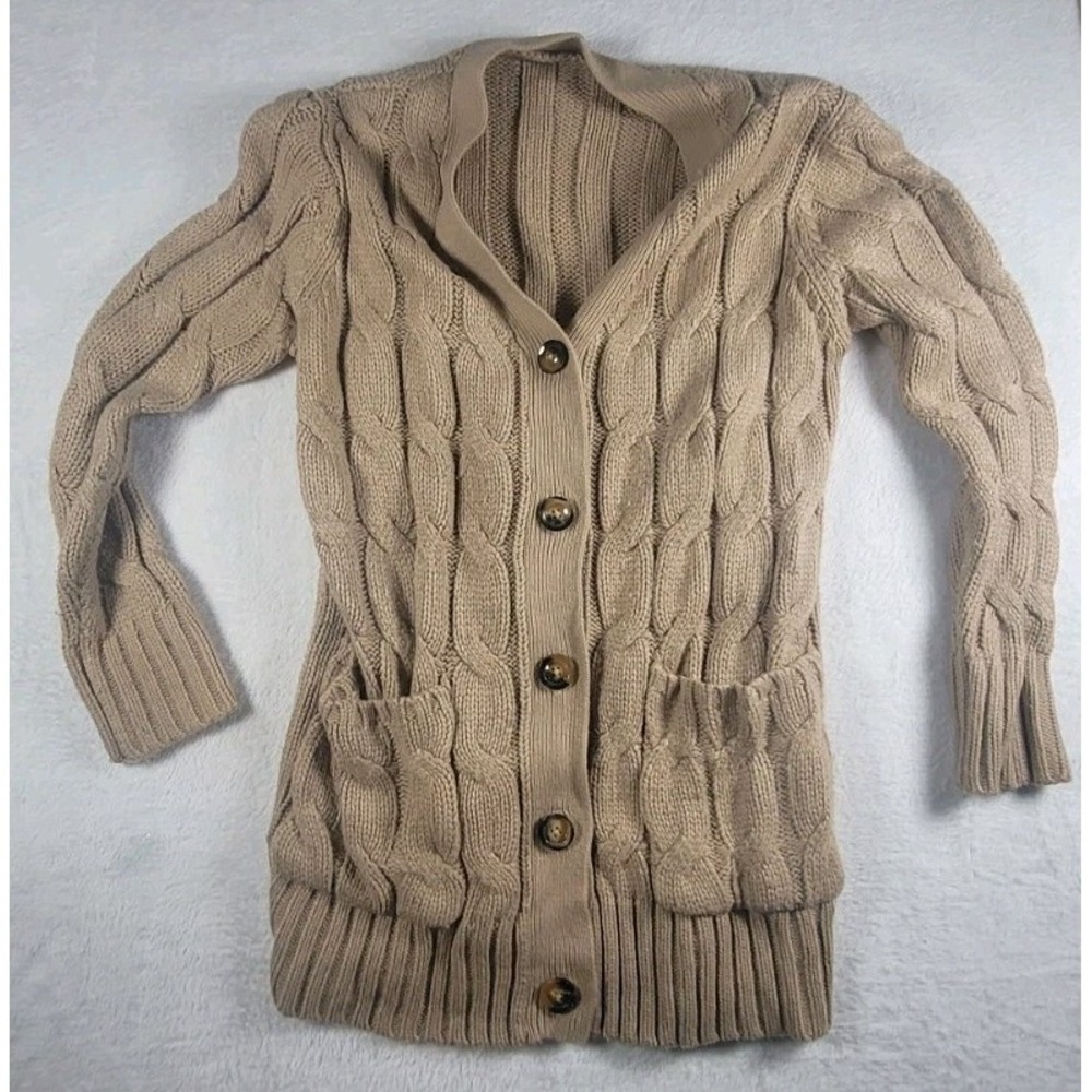 Beige Large Cable Knit Cardigan Medium Buttons Warm Pockets Cozy Grandma Core